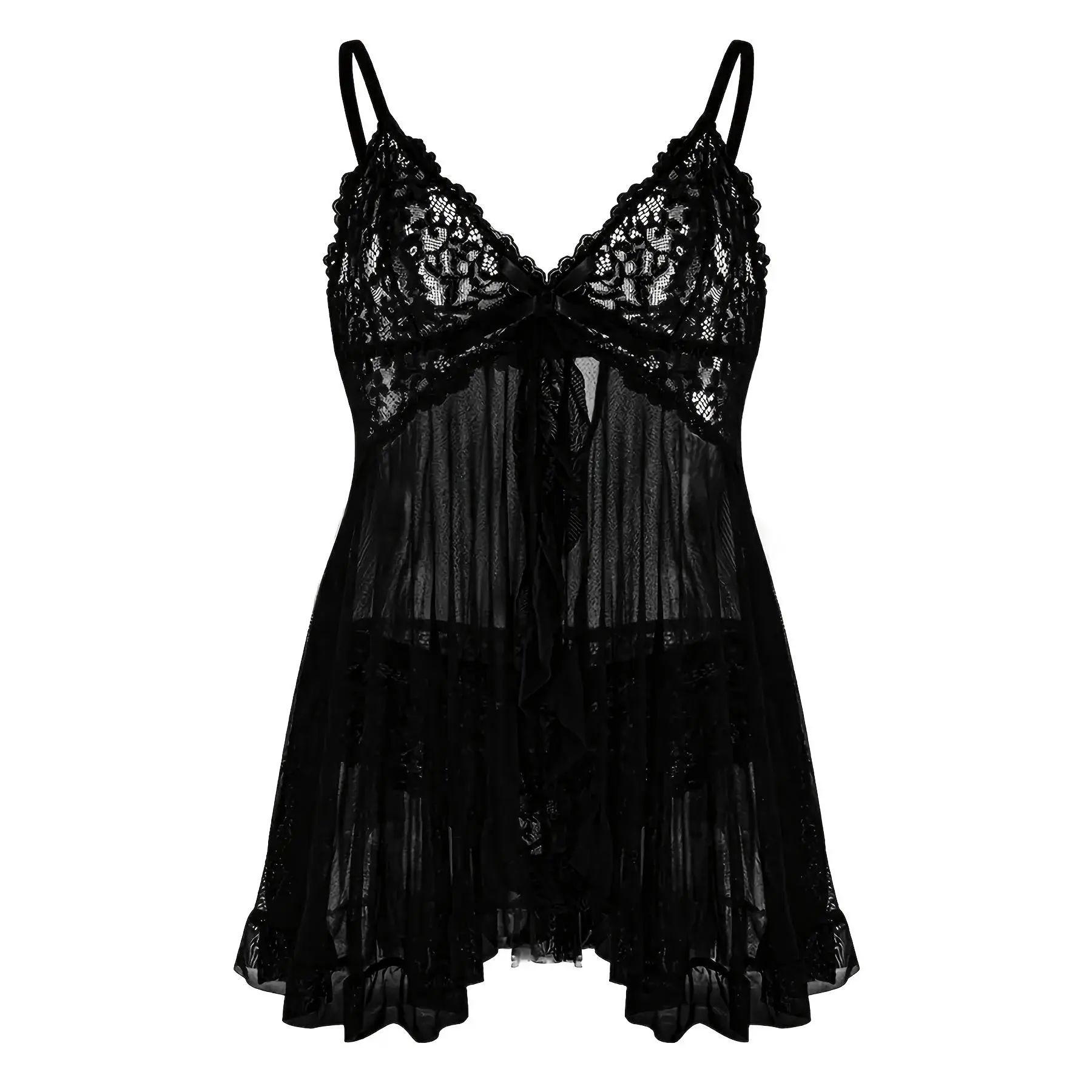 Large Size Lace Sleepwear Dress - Exquisite Contrast Lace, Flattering V-Neckline, Daring Backless Design, Delicate Ruffle Large Size Lace Sleepwear Dress - Exquisite Contrast Lace, Flattering V-Neckline, Daring Backless Design, Delicate Ruffle
