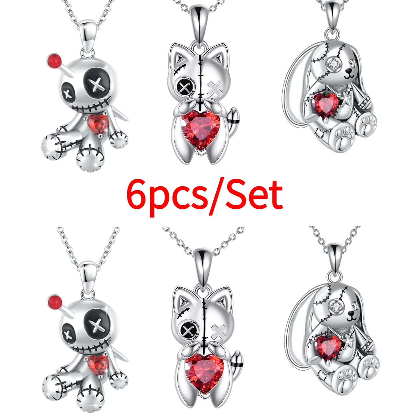 6Pcs/Set Gothic Funky Unique Animal Head Pendant Necklace Set - Voodoo Doll Rabbit Cat Designs, Statement Style Whimsical Jewelry, Halloween Fashion Accessory, Ideal Birthday Gift for Teens & Young Adults, Funky Unique Accessories, Animal Head Pendant Jew