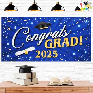 2025 Graduation Plastic Backdrop (Blue), 65" Class of 2025 Congrats Grad Banner with Double Sided Adhesive Dot, Graduation Party Indoor Outdoor Decoration, Photoshoot Props Supplies