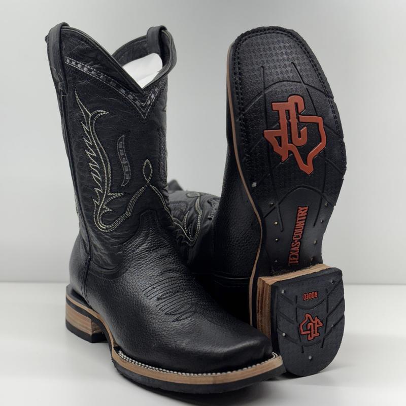 Texas Country Men's Leather Boots - Classic Square Toe Design with Durable Rubber Sole for All Seasons Wear