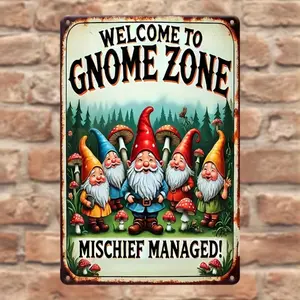 Vintage Gnome Zone Metal Sign, Iron Wall Mount Decorative Plaque, Waterproof & Weather Resistant Fun Prank Management Garden Art