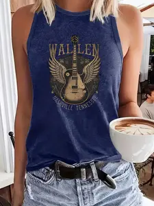 Women's Guitar Print Round Neck Tank Top, Casual Sleeveless Top for Summer, Ladies Clothes for Daily Wear
