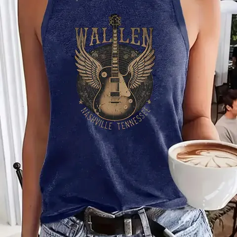 Women's Guitar Print Round Neck Casual Beach Tank Top Fit, Sleeveless Knitted Tank, Casual Everyday Sleeveless Top for Summer, Ladies Clothes for Daily Wear