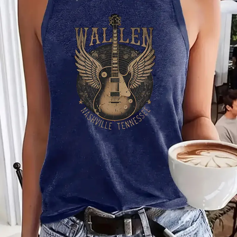 Women's Guitar Print Round Neck Casual Beach Tank Top Fit, Sleeveless Knitted Tank, Casual Everyday Sleeveless Top for Summer, Ladies Clothes for Daily Wear