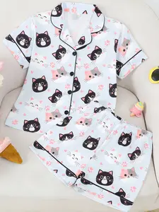 2-Piece Kids Pajama Set, Cartoon Cat Footprint Pattern, Fashion Open-Cardigan Short Sleeve, Flame-Retardant Knit, All Seasons, Party Gift
