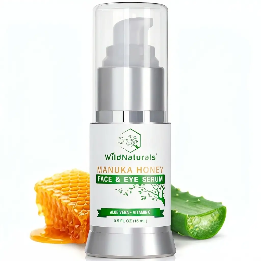 Wild Naturals Manuka Honey Face & Eye Serum with Organic Aloe Vera, Vitamin C & Hyaluronic Acid - Hydrating, Brightening Skincare for Sensitive Skin, Fragrance Free, Clean Beauty