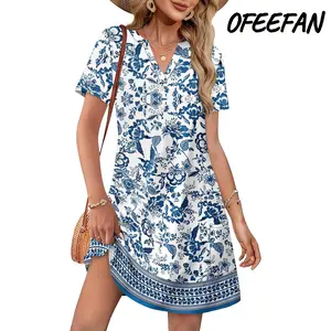 OFEEFAN Dresses for Women 2026 Casual Summer V Neck Wedding Guest Dress Short Sleeve Fashion Beach Vacation Clothes