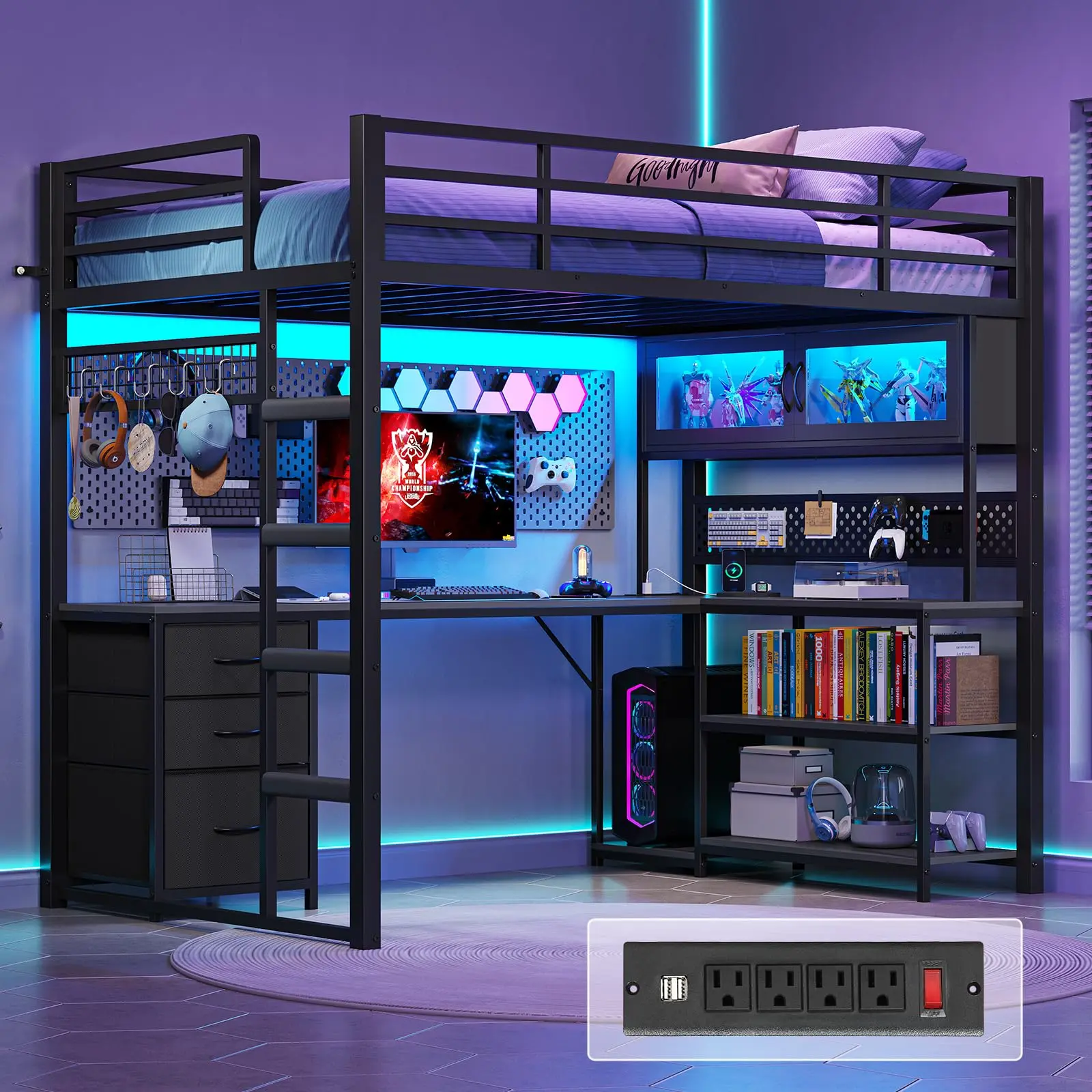 Sikaic Twin Loft Bed with L-Shaped Gaming Desk, Storage Drawers & Hutch, RGB LED Lights, Built-In Charging Station, Metal Loft Bed Frame with Safety Guardrails, Space-Saving Twin Bed for Teens, No Box Spring Needed