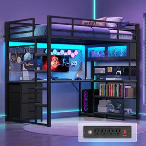 Sikaic Twin Loft Bed with L-Shaped Gaming Desk, Storage Drawers & Hutch, RGB LED Lights, Built-in Power Outlet, Metal Loft Bed Frame with Safety Guardrails, Space-Saving Design for Teens, Black