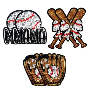 6pcs Ironing Baseball Patch, Sequin Material, Glitter Beads, Baseball Pattern, Embroidered Decal, Suitable for DIY Clothing Repair Such as Jeans, Bags, Hats, Etc