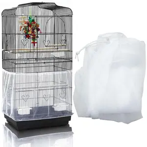 Bird Cage Seed Catcher, Large Bird Cage Cover, 75-118'' Universal Adjustable Birdcage Cover Skirt Soft Airy Nylon Mesh Net for Parakeet Macaw  Round Square Cage, White