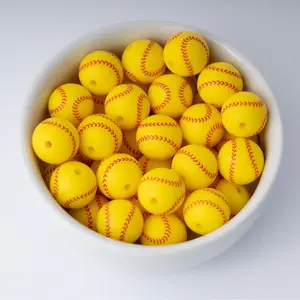 Yellow Baseball Silicone Beads Printed Round Silicone Beads