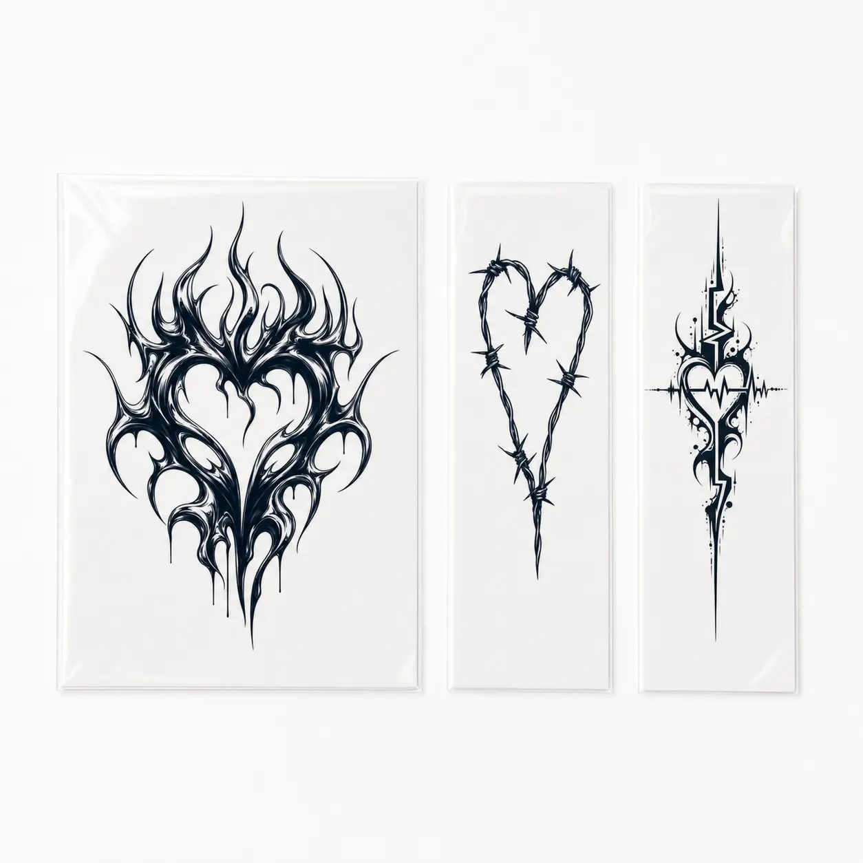 INKVIA Gothic Heart Semi-Permanent Temporary Tattoo Set, 3 Sheets, Dark Y2K Flame, Barbed Wire & Heartbeat Body Art