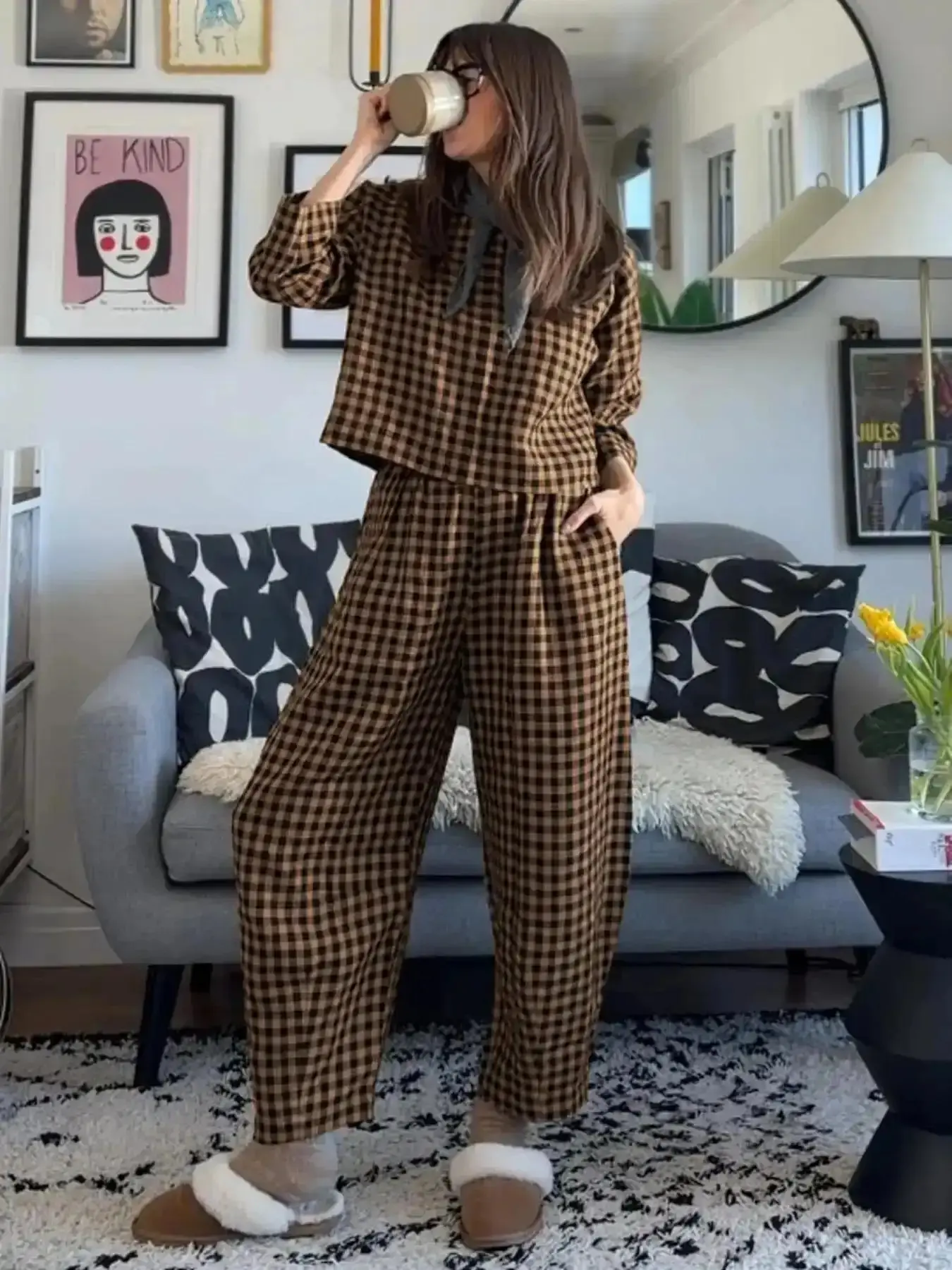Women's Casual Woven Fabric Plaid Checkered Print Co-ord Set Womenswear Fall Loose Fit Long Sleeve Top Elastic Waist Wide Leg Pants Two-Piece Home Wear Clothes Lounge, Autumn, Offers Mix and Match Styling Options