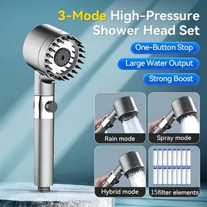 3-mode ABS massage shower head with filtration function, 15 replaceable filter cartridges, filters water quality, durable and safe, polished finish, round design, wall-mounted shower head, modern bathroom accessory, Rainfall shower head