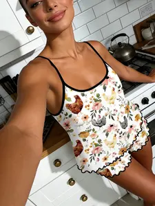 Women's Sleeveless Crop Top & Shorts Pajama Set, Farmhouse Rooster Print, All-Season Comfortable Home Wear, Sexy Slim-Fitting Design
