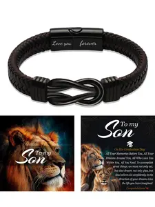Graduation Gift for Son, Men's Leather Stainless Steel Hand Chain, Men Jewelry, 'forever Love' Message, Lion Card Included, Casual Style