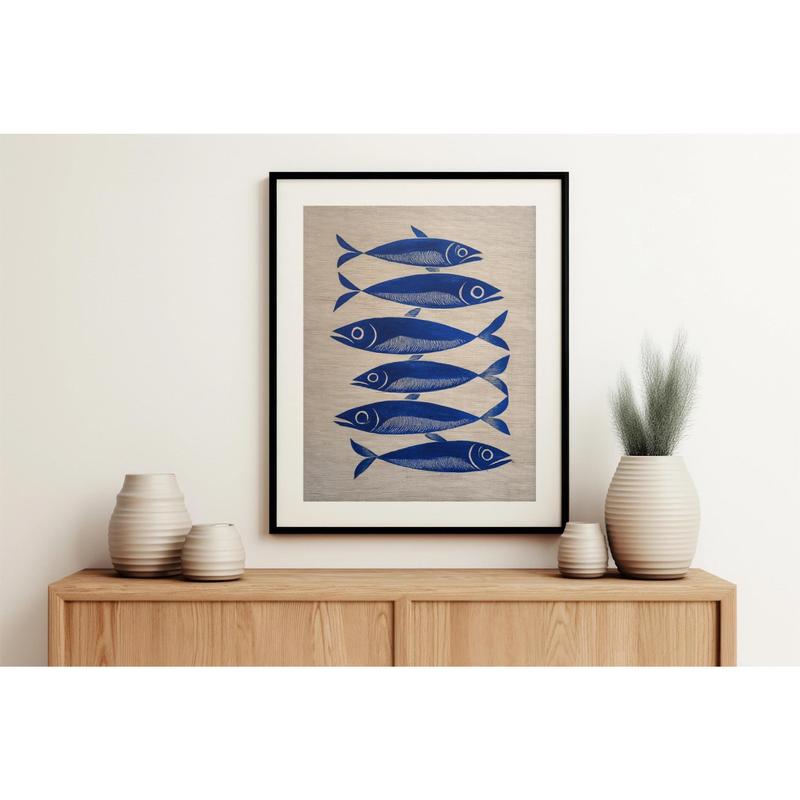 [SALE UP TO 50% + FREE SHIP] - Blue Ink Sardine Striped Oil Painting Wall Art Print, Stripes Trendy Aesthetic Kitchen Art, Sardine Kitchen Art, Antique Fish Art Printable