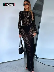 Women's Sheer Lace Long Sleeve Dress, Sexy Elegant Fashion Chic Long Dress for Party Club Dating Wear, Ladies Spring & Fall Clothes