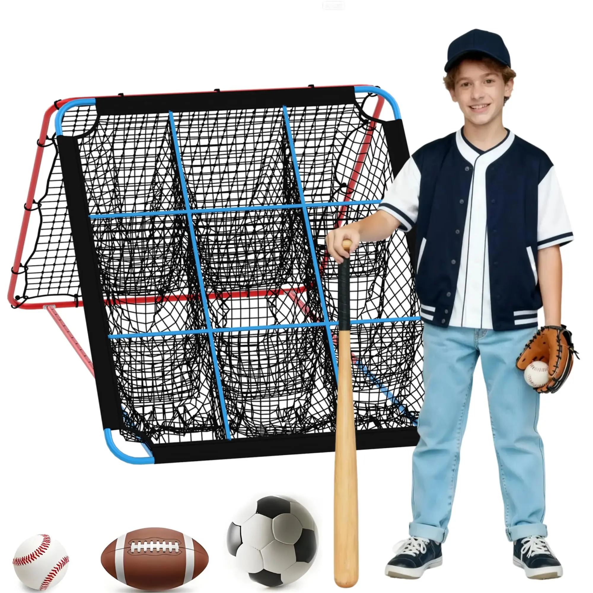 Garvee Baseball Rebound Net, 5 x 4.3 feet with 9-Hole Lens, Adjustable Angle Rebound Back Trainer, Attack Zone Practice Net for Softball and Baseball, Training Equipment