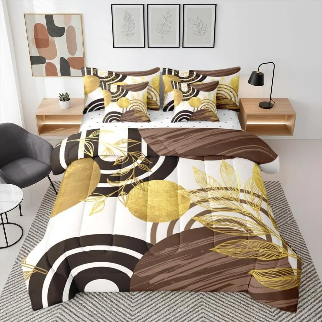Modern Mid Century Comforter Set 7 Piece Boho Black Brown Bedding Set Adult Women Abstract Gold Leaves Sheet Set with Comforter Bohemian Minimalist Contemporary Bed in A Bag