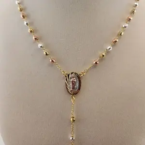 73 Rosary Necklace with Virgin Mary Pendant Gold Chain Faux Pearl Beads Simple Elegant Dainty Layering Jewelry Birthday Gift Handmade Fashion Accessory