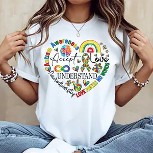 Autism Awareness Accept Love Understand Neurodiversity Love Needs No Words Rainbow Puzzle Piece Heart Design T-Shirt  Crewneck Casual Wear For Autism Support And Awareness