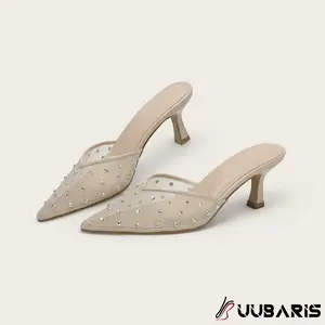 UUBARIS Rhinestone Mesh Mules - Pointed Toe Kitten Heel Sandals for Date Night & Party