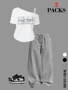 Women's Summer Y2K Western 2-Piece Set, Womenswear Off-Shoulder Tee with Bull Skull Print, Gingham Wide-Leg Pants, Breathable Fabric, Streetwear, Clothes