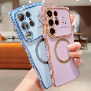OREKROY Magnetic Curly Wave Case for Samsung Galaxy S26/S25/S24/S23/S22 Ultra & Plus, Cute Heart Plating Design, MagSafe Compatible, Shockproof Soft TPU Protective Cover for Women & Girls