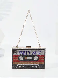Rhinestone Decor Cassette Tape Design Bling Evening Bag, Fashionable Letter Pattern Handbag for Party, Trendy All-match & Exquisite Elegant Chain Strap Clutch Bag for Birthday Gift