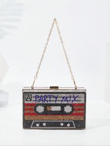 rhinestone decor cassette tape design bling chain evening bag,  purse women, fashionable letter pattern handbag for party, trendy all-match & exquisite elegant clutch bag for birthday gift, girlfriend gifts