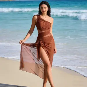 Women Solid Color One Piece Swimsuit With Sheer Skirt Cover Up Bottom, Summer Beach Vacation Swimwear, Elegant Silhouette, Comfortable Fit, Lightweight Quick Dry Fabric