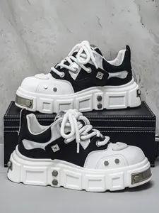 Unisex Black-White Comfortable Platform Casual Trainer Shoes, Daily Trendy Style, Soft Platform Foot Feel + Lace-Up Adaptability + Patchwork Material Upper, Soft Fit & Easy On/Off , Ideal for Commuting & Light Leisure Scenes