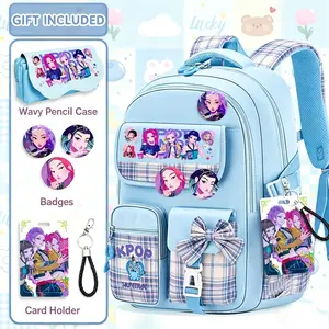 Cute Kpop Anime Print Plaid School Backpack + Free Full Accessory Gift Set, Ideal Back to School & Birthday Gift for Teen Kpop Lover Girls,HUNTR/X K-POP