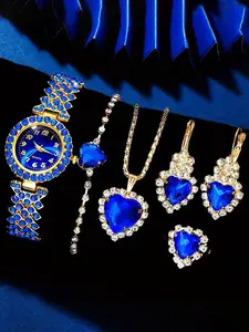 Women's Elegant Fashion Watch & Matching Jewelry Set, Including Round Dial Analog Quartz Watch & Heart Shaped Pendant Necklace & Earrings & Ring