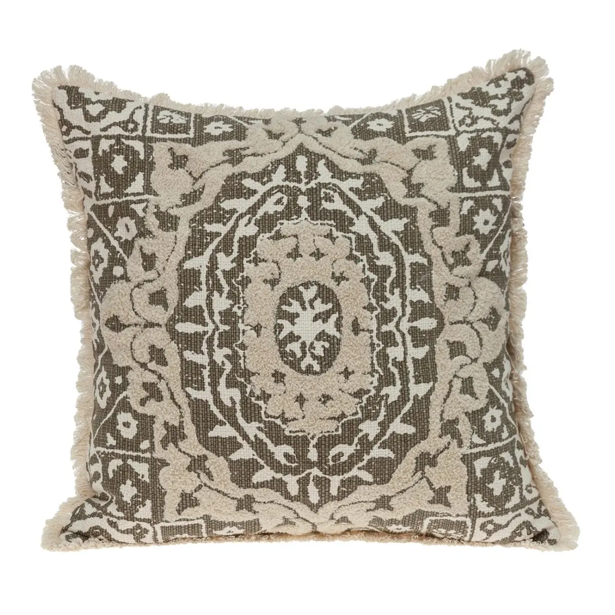 Square Shape Cotton Blend Accent Pillow with 360 Stand - Abstract Design, Beige & Dark Brown, Fringe Edges, High-Low Texture, Boho Transitional Look, Hidden Zipper, Machine Tumble Dry on Low, for Room Decoration