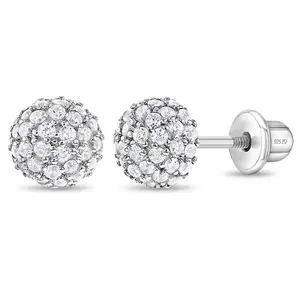 Large Ball of Gems CZ Kids / Children's / Girls Earrings Screw Back - Sterling Silver