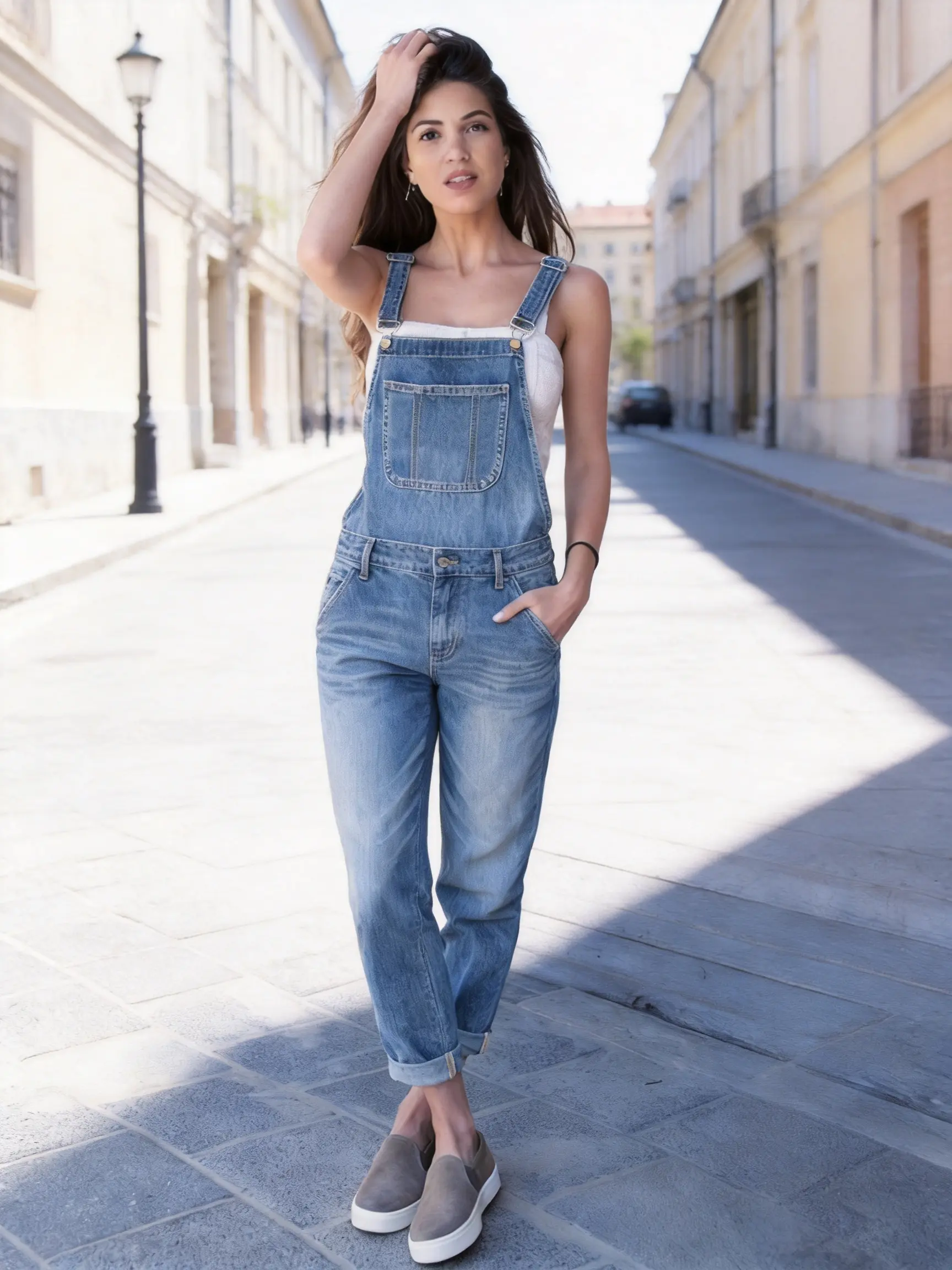 Women Loose Fit Denim Overalls, Adjustable Shoulder Straps Slimming Denim Jumpsuit Pants, Casual Baggy Jean Bib Overalls Long Trousers