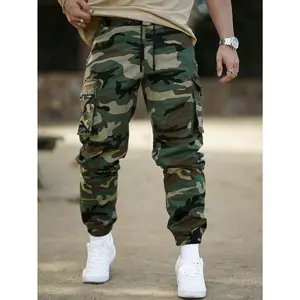 Men's Camo Print High-Waist Cargo Joggers, Drawstring Closure, Streetwear Style with Pockets