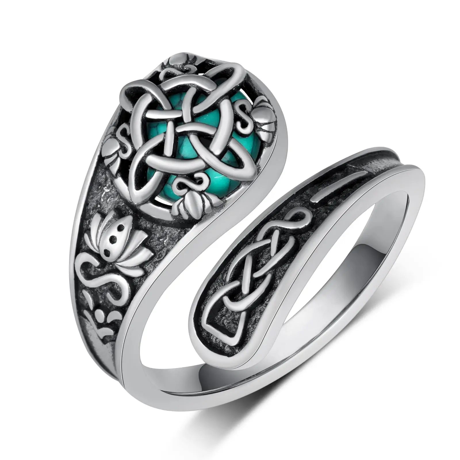 S925 Sterling Silver Synthetic Turquoise Celtic Knot Open Ring, Vintage Spoon Ring Thumb Ring Unisex, Witch Knot Design, Witchtok Pagan Jewelry