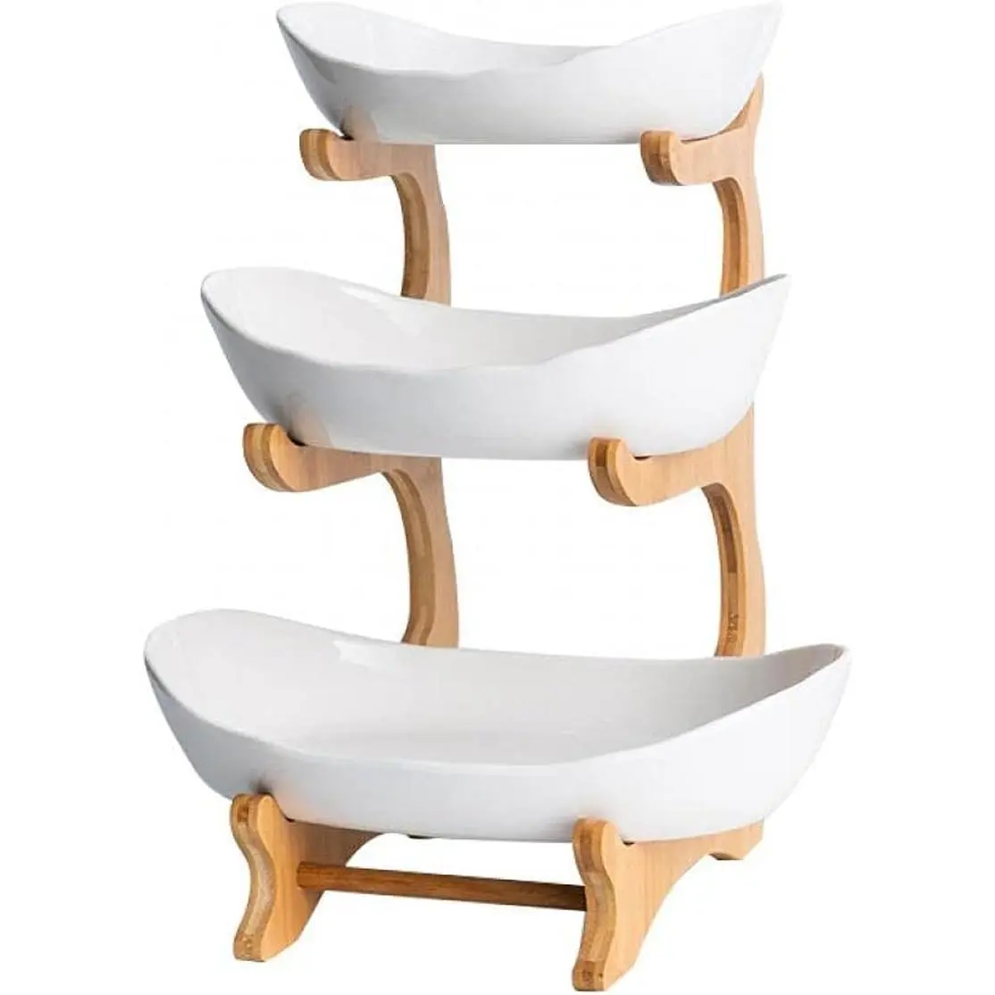 3 Tier Fruit Bowl with Bamboo Stand for Kitchen Counter,Ceramic Fruit Basket Large Capacity for Fruit Vegetable Storage,Snack Dessert Cake Tray Plate Rack for Party Wedding (White)