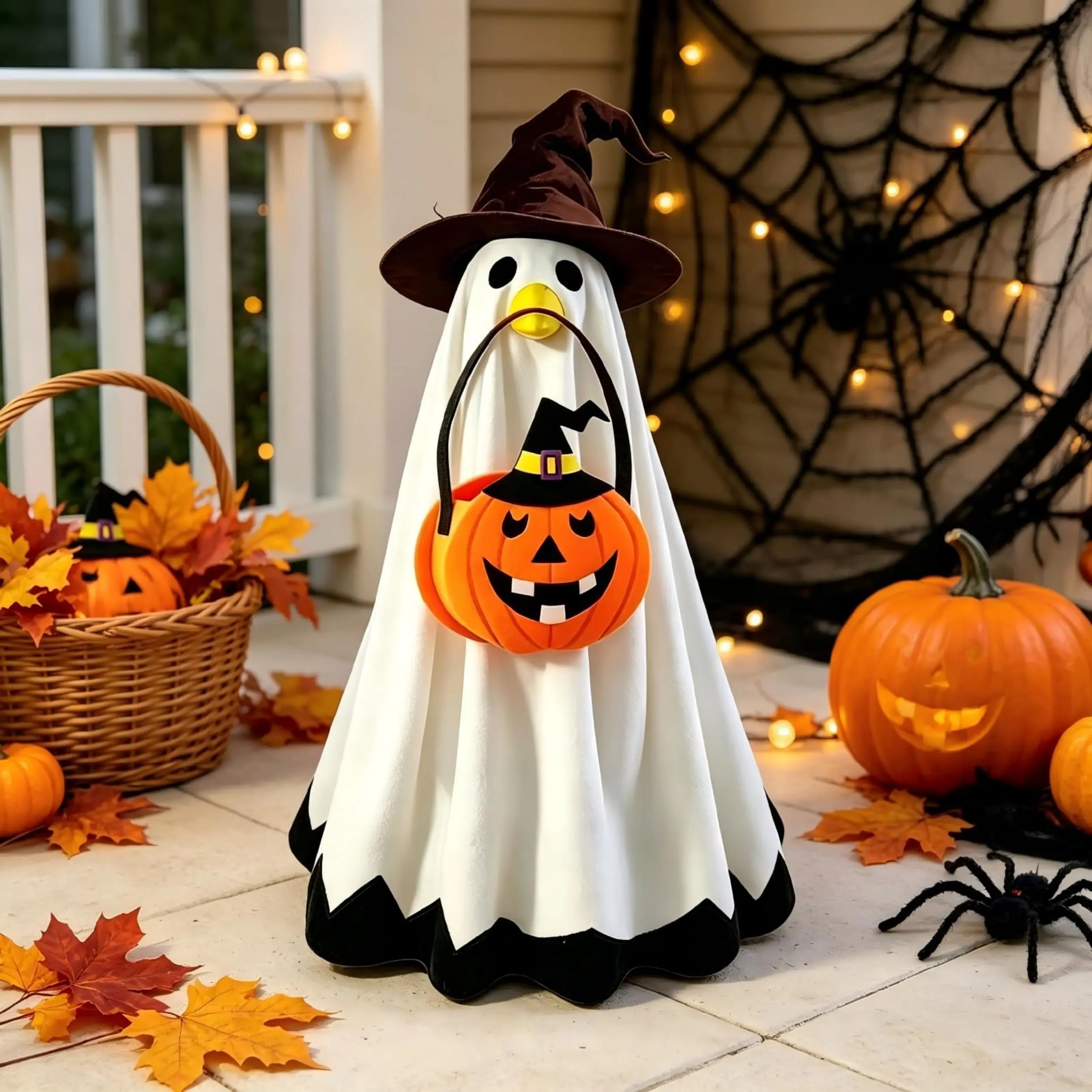 23-Inch Halloween Wizard Ghost Porch Goose Outfit, Fall Lawn Decor with Pumpkin Trick-or-Treat Candy Bag, Spooky Outdoor Patio Garden DIY Decor (Porch Goose Statue Not Included)