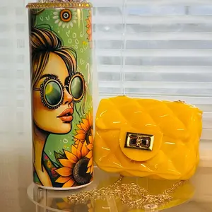 Women's 2-Piece Casual Set - Mini Quilted Synthetic PU Leather Handbag & Handmade Tumbler (FREE GIFT INCLUDED)