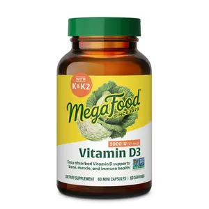 MegaFood Vitamin D3 5000 IU 125mcg + Vitamin K2 - High Potency, Easily Absorbed - Bone, Muscle, Immune Health Support - 60 Servings - Daily Supplement Antioxidant