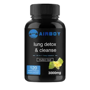 Airboy 15-in-1 Lung Support Supplement, 120 dietary soft capsules, with added mullein leaf extract to supplement vitamins C and D, supporting lung cleanliness and health.