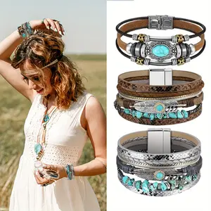 Pack Of 3 Bohemian Style Bracelets, Women's Imitation Cuff Bracelets, Multi-layered Western Jewelry, Crystal Bracelet Bohemian Turquoise Cuff Bracelets