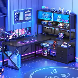 Shaped Gaming Desk, Home Office Computer Desk with 2 Drawer and Bookshelf, L Shaped Gaming Desk with LED Light, Glass Cabinet and Storage Bag, Corner Desk with Storage Shelves L-Shaped Foldable Mid Century Bamboo Lift Top Power Outlet
