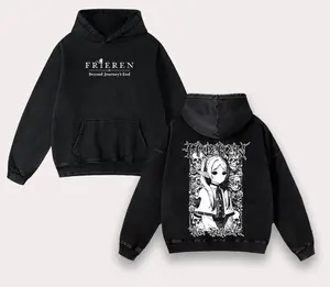 Frieren Beyond Journey's End Line Art Manga Anime Double Printed Acid Washed Top Men's Menswear Graphic Tee Merch Unisex American Made Oversized Washed T-Shirt 100% Premium Cotton