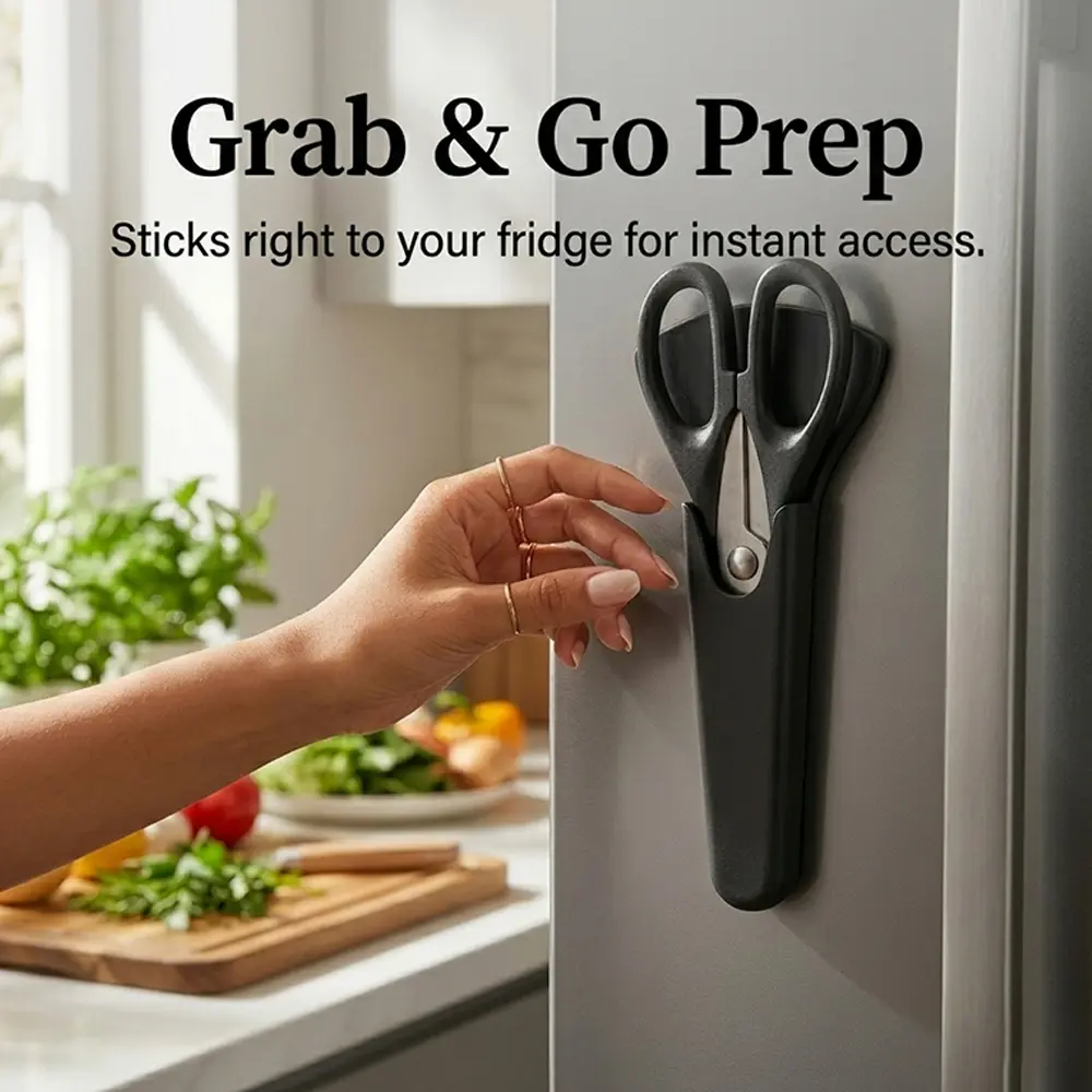 Black Magnetic Kitchen Shears with Fridge-Mount Protective Cover - Heavy-Duty Stainless Steel Scissors for Fast Meal Prep, Chicken Cutting - Space-Saving Kitchen Essential for Easy Cleanup, Cooking Kitchenware Cutter-A